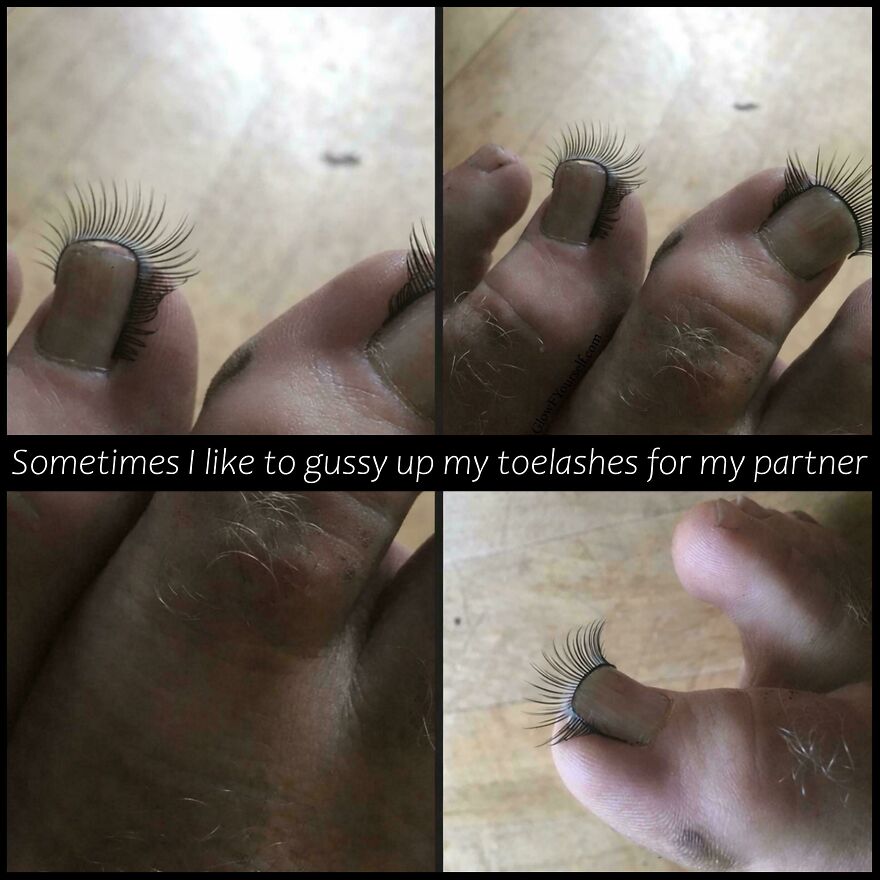 A four-panel image of toes with fake eyelashes, captioned about toelashes, a hilarious meme inspired by real life.