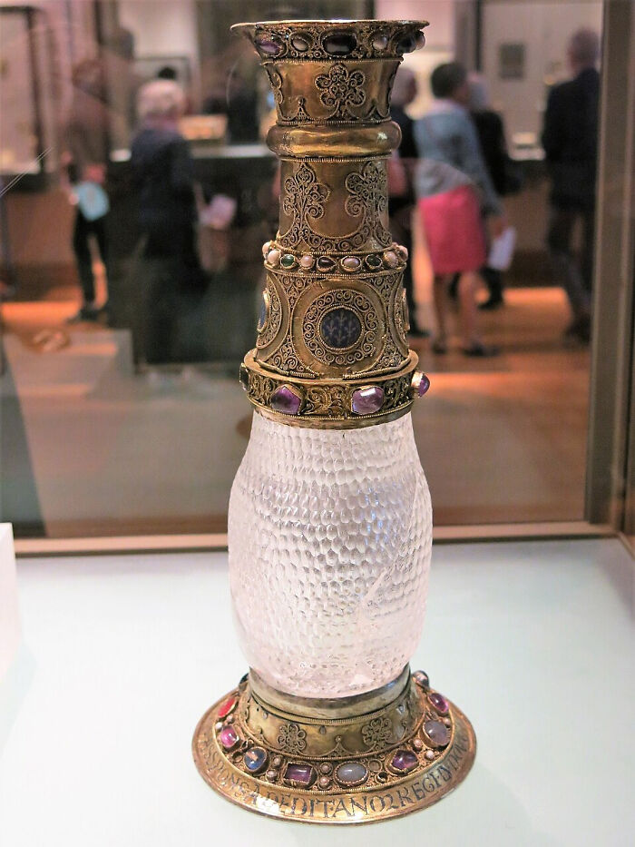 An ornate, jeweled vessel from the Middle Ages, showcasing historical craftsmanship and design.