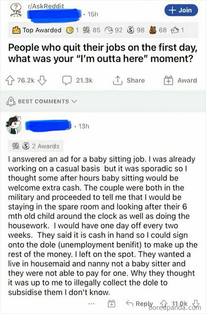 A Reddit post discussing quitting a babysitting job due to entitled parents and their delusional expectations of free labor.