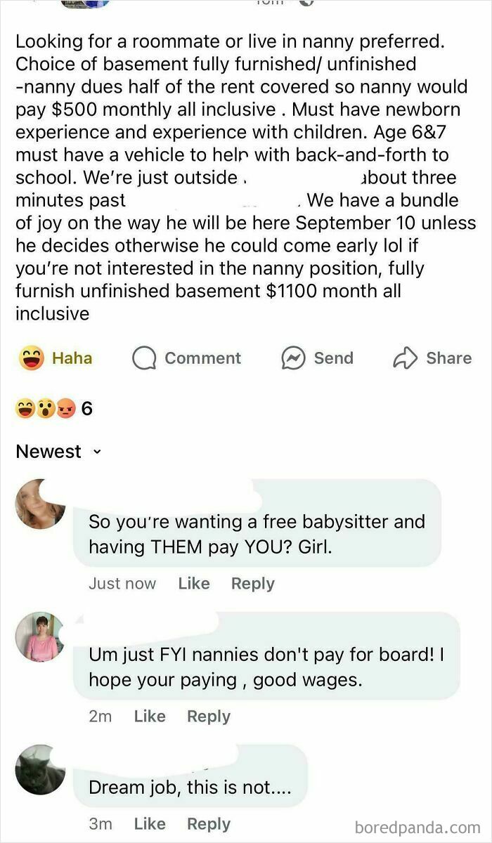A social media post from entitled parents seeking a nanny to pay rent, not a job, sparking outrage in comments.