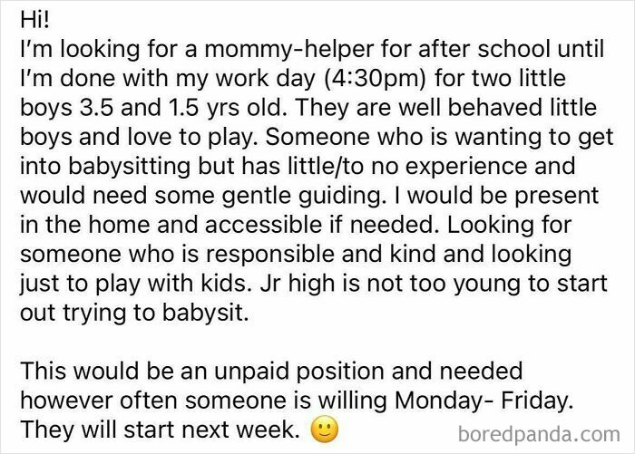 A job posting from delusional parents seeking an unpaid mommy-helper to babysit their kids, a privilege, not a job.