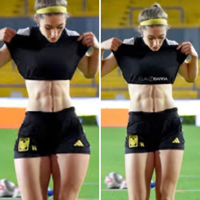 A split image of a woman on social media with visible abdominal muscles, posing unnaturally for the camera.
