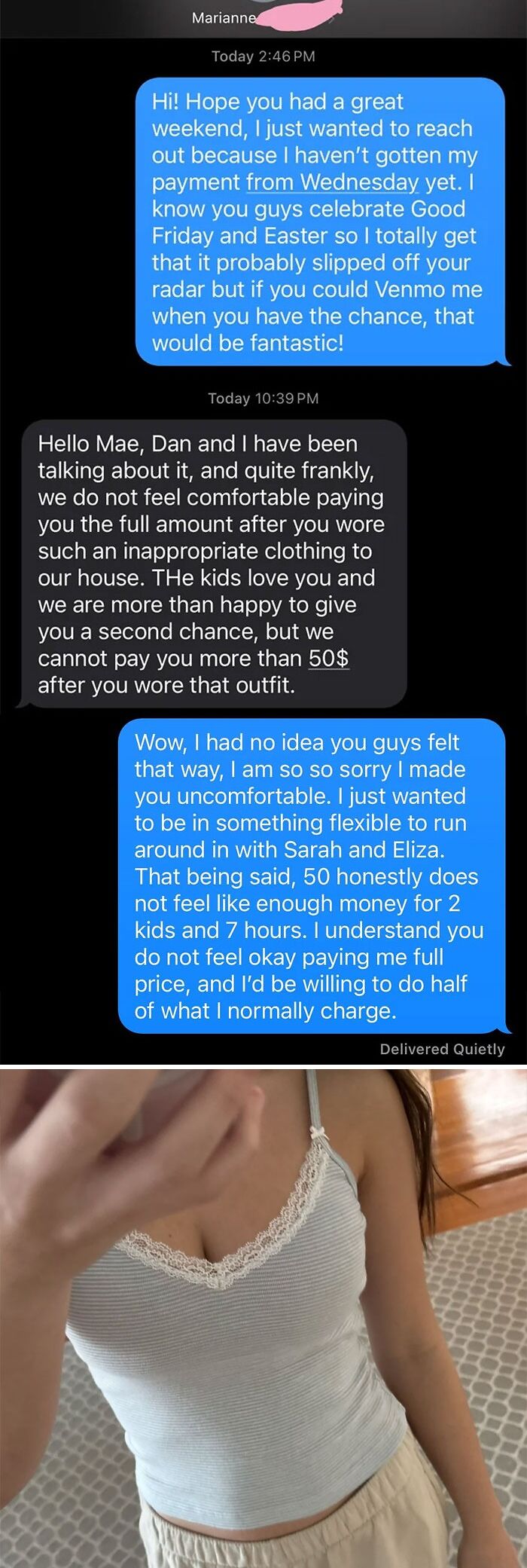 Text messages showing entitled parents offering half pay for babysitting their kids, highlighting delusional parent expectations.