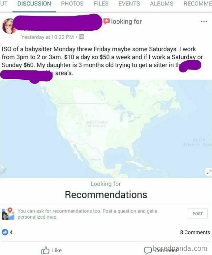A social media post from delusional parents seeking a babysitter for a 3-month-old, offering $10/day or $50/week.