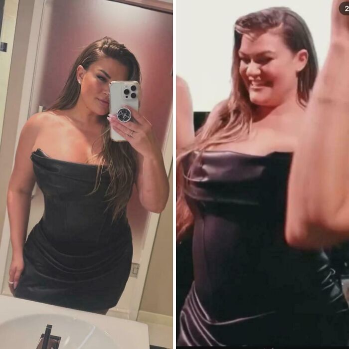 A woman in a black dress, a side-by-side comparison of her posing in a mirror and a more natural social media look.