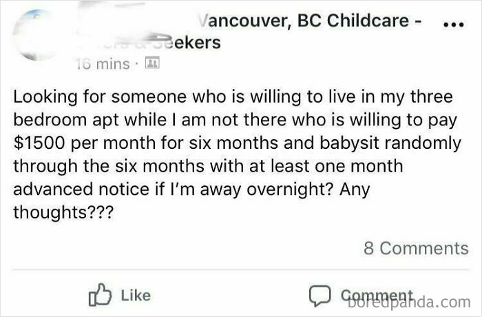 A social media post from entitled parents seeking a live-in babysitter for low pay and random hours.