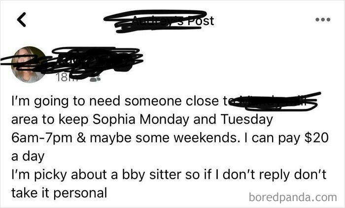 A social media post from a delusional parent offering to pay $20 a day for babysitting and being picky.