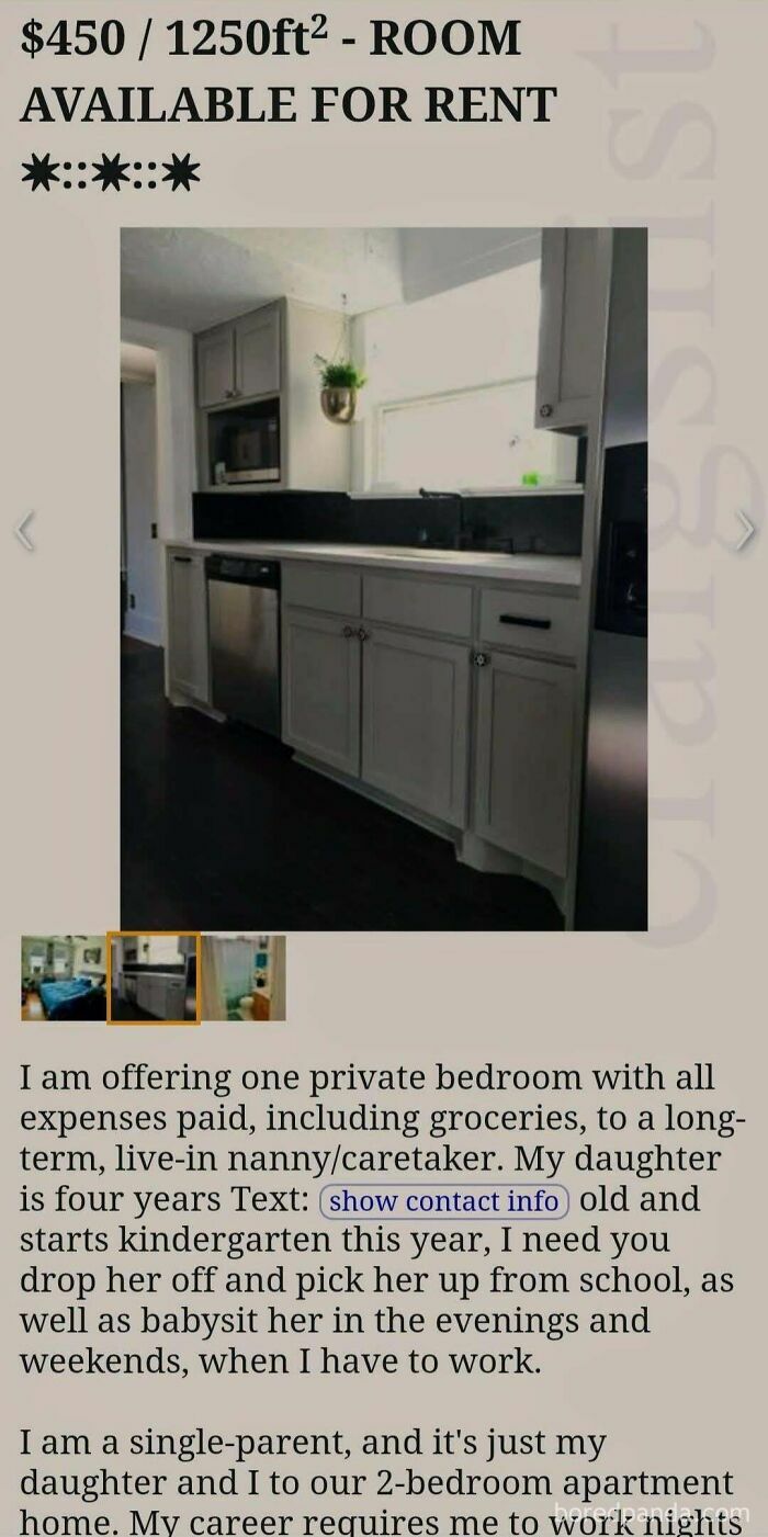 Entitled parents seeking a live-in nanny/caretaker for their kids, offering a room for rent in exchange for childcare.