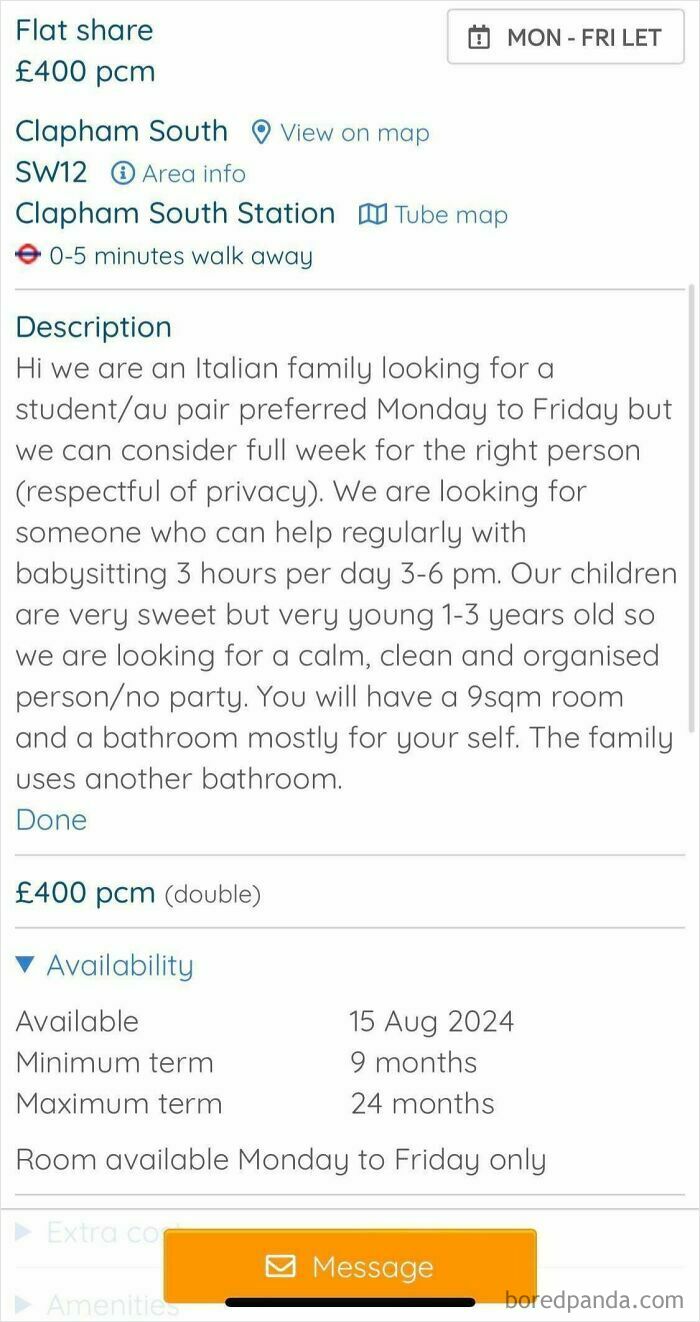 A social media post from delusional parents offering a room in exchange for babysitting and childcare, highlighting a low-cost arrangement.