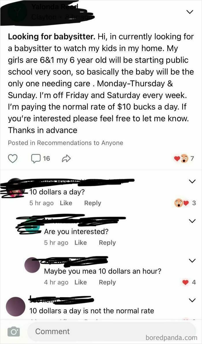 A social media post from entitled parents looking for a babysitter, offering $10 a day for childcare.