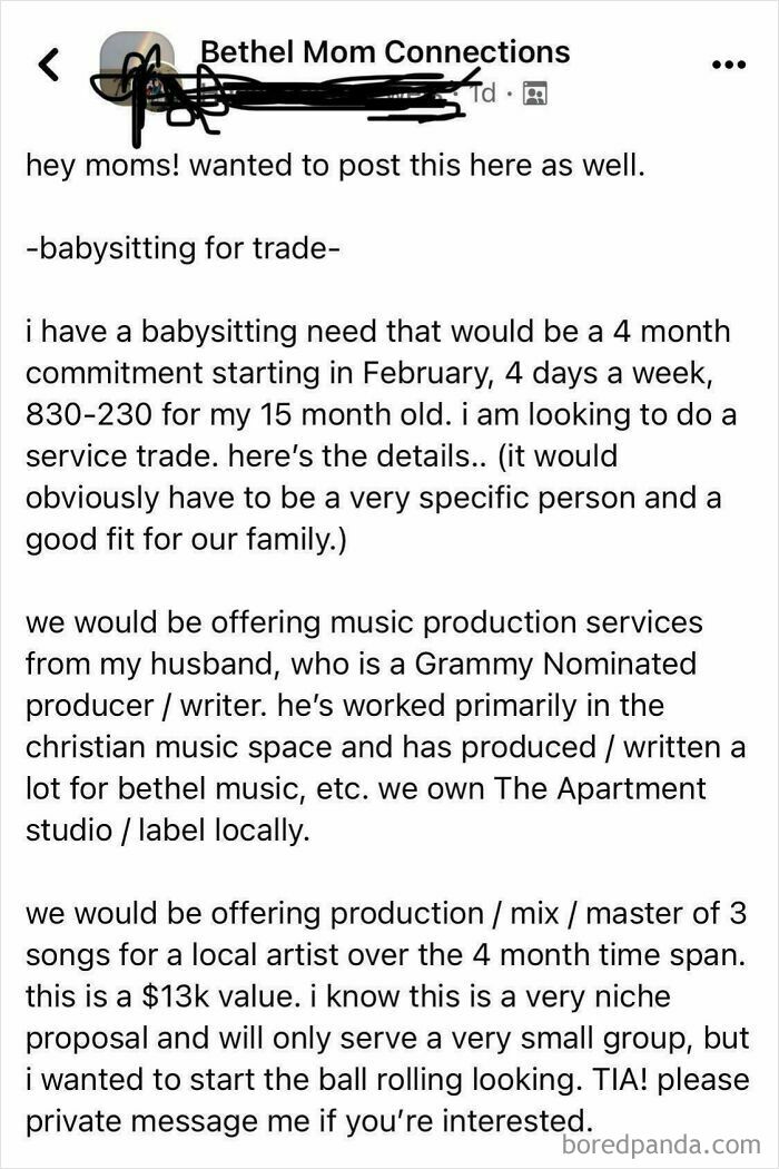 A social media post from entitled parents offering music production services as payment for babysitting.