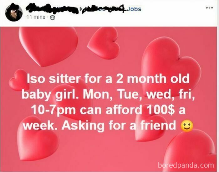 Delusional parents: A Facebook post seeking a babysitter for a 2-month-old at a very low weekly rate.