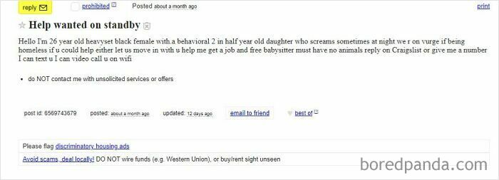 Entitled parents seeking free babysitting and housing assistance, highlighting a Craigslist post for help.