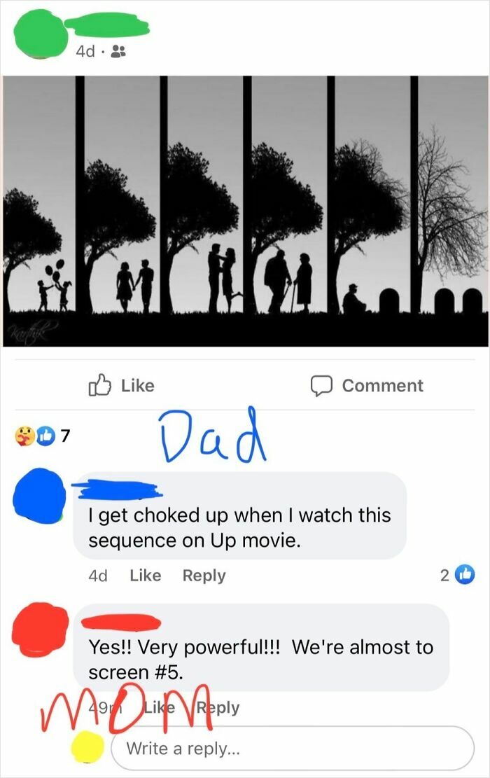 Elderly people sharing a touching image from the movie Up, highlighting their unsupervised access to the internet.