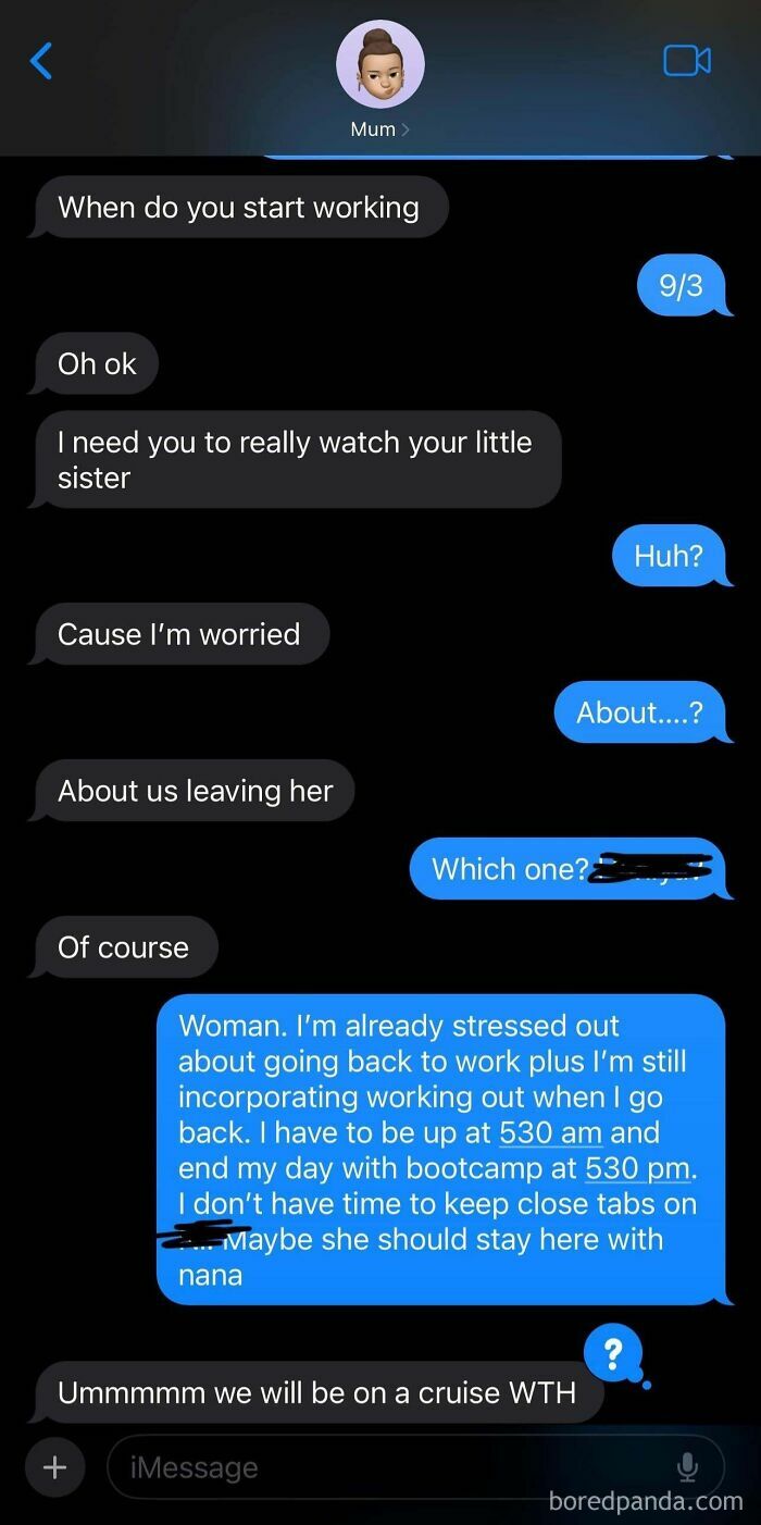 Text messages from entitled parents expecting family to babysit their kids, highlighting delusional parent demands.