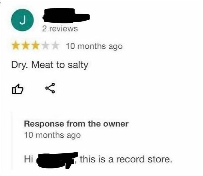 Elderly people leaving a food review for a record store, a funny instance of unsupervised internet access.