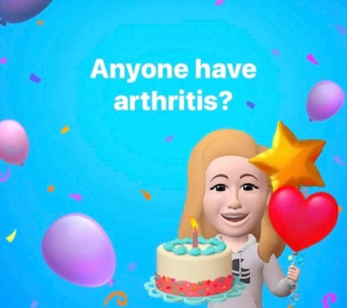 Elderly people asking about arthritis on a celebratory Facebook background, a humorous internet blunder.