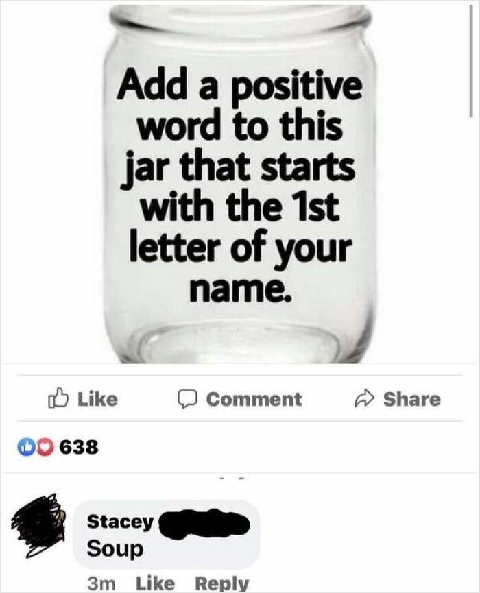 A screenshot showing an elderly person comically misinterpreting a social media prompt, adding 'Soup' to a positive word jar. Hilarious internet mishaps.