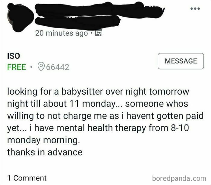 Entitled parents: A post from a parent asking for a free overnight babysitter because they have not been paid yet.