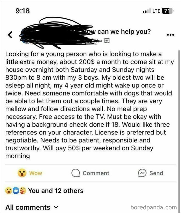 Entitled parents seeking a babysitter for their kids overnight for only $200 a month, showing their low expectations for compensation.