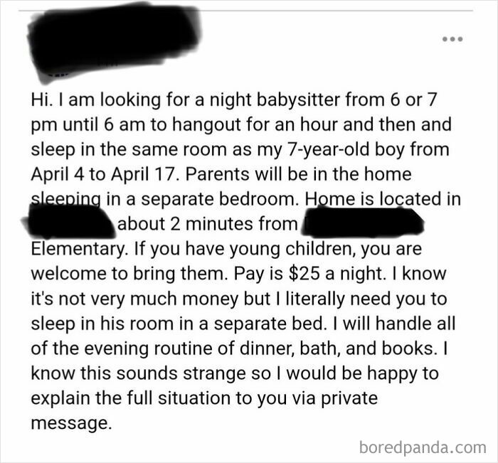 Delusional parents seeking a night babysitter for their kids from 6 pm to 6 am for only $25 a night, a clear example of exploitation.