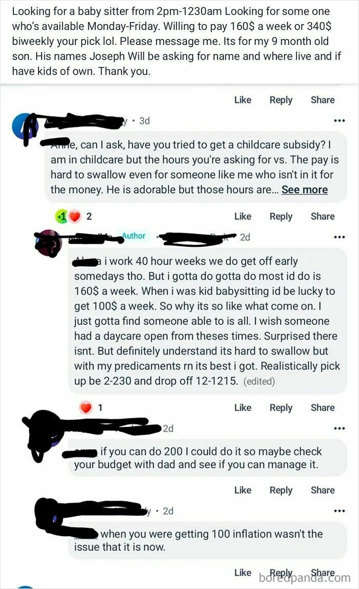 A social media post from entitled parents looking for a babysitter Monday-Friday from 2 PM to 12:30 AM, offering $160/week.