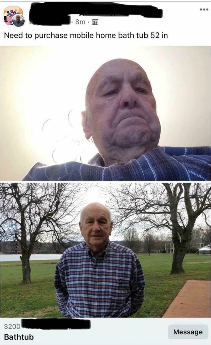 Elderly people using social media incorrectly: A man accidentally posts selfies while trying to sell a mobile home bathtub online.