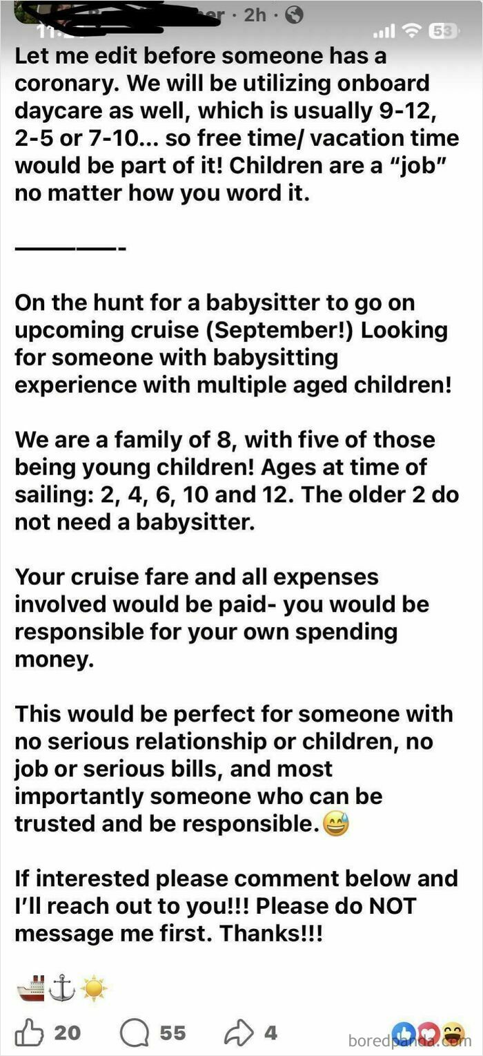 A lengthy Facebook post seeking a babysitter for a cruise with 5 young children, showcasing entitled parents.