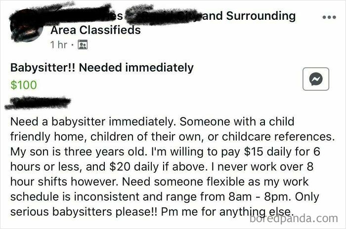 Entitled parents: A social media post seeking a babysitter for low daily pay, highlighting delusional expectations.