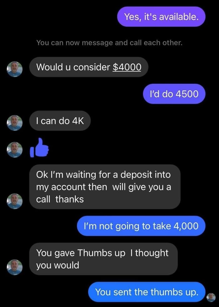A funny text conversation showing a misunderstanding over a thumbs-up emoji, highlighting elderly people's internet mishaps.