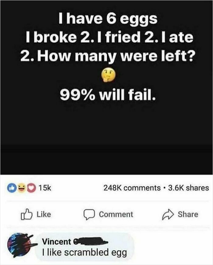 A Facebook post with a math riddle and a funny, unrelated comment from elderly people about scrambled eggs.