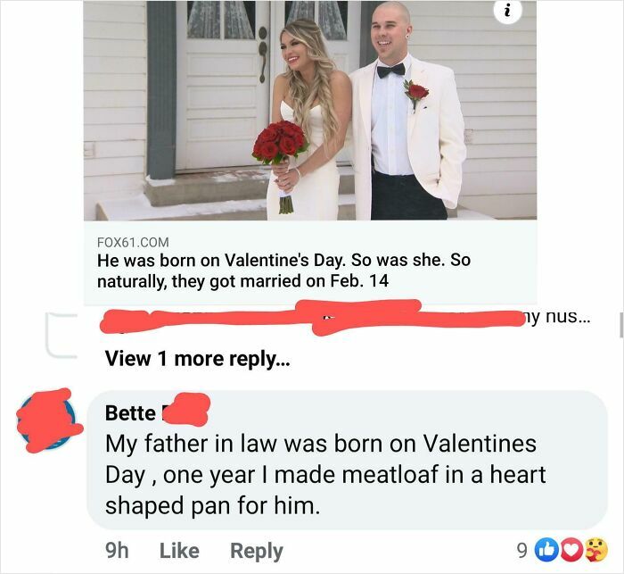 A social media post with a story about a couple born on Valentine's Day and a funny comment about elderly people and the internet.