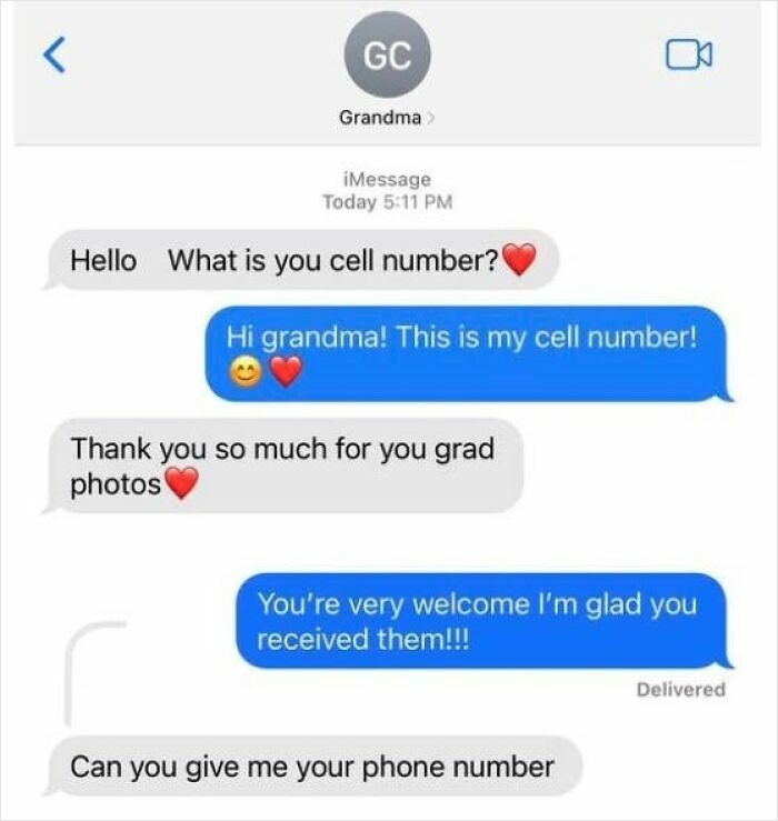 A screenshot of a text message conversation where elderly people humorously keep asking for a cell number.
