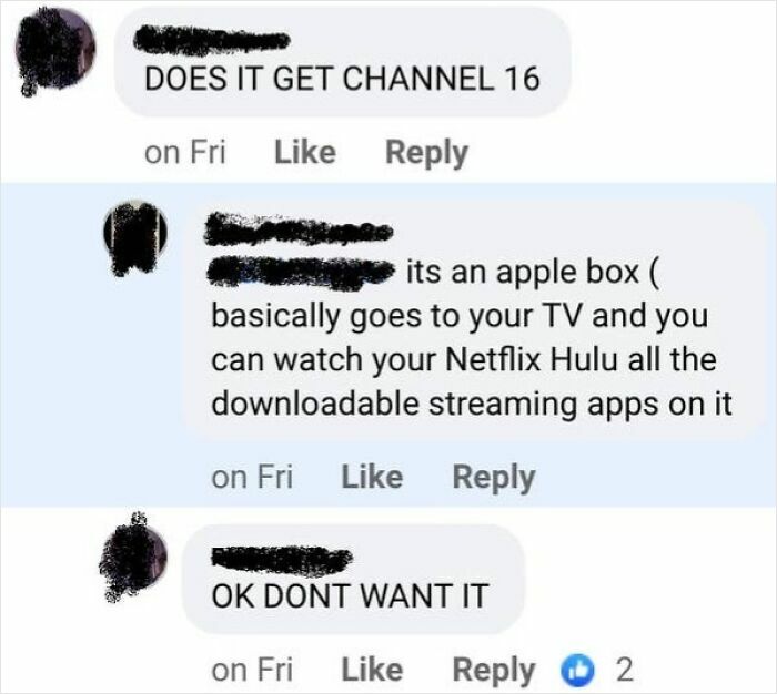 A screenshot showing an elderly person asking if an Apple Box gets Channel 16, highlighting funny unsupervised internet access. Elderly internet use.