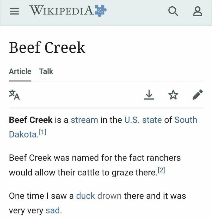 A Wikipedia page for Beef Creek with an unhinged, sad personal anecdote about a duck, shared online.