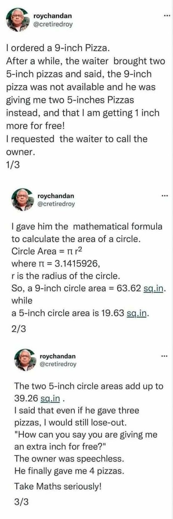 A funny meme discussing a math problem about pizza sizes, highlighting a clever take on science.