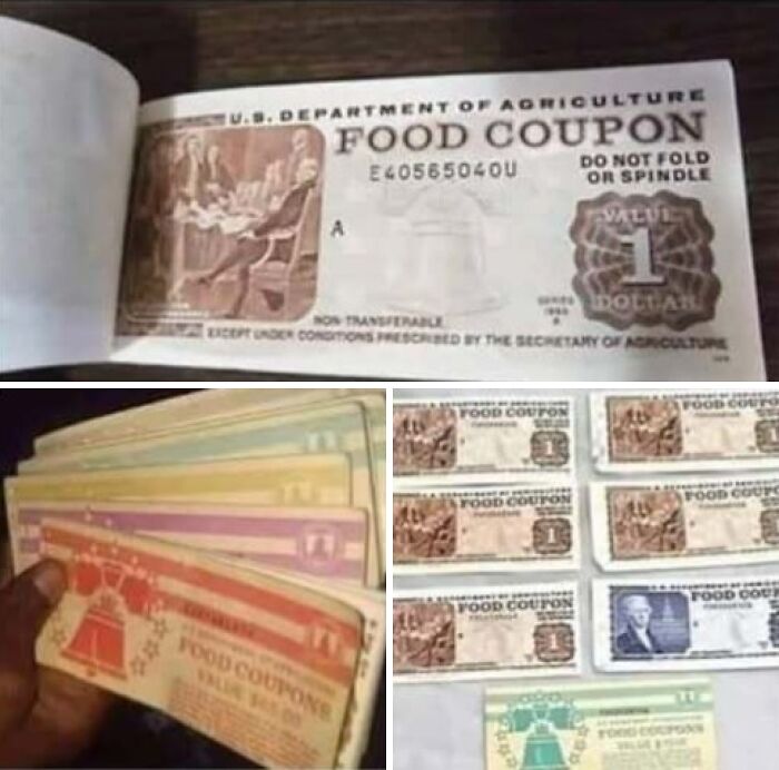 A collage of vintage US Department of Agriculture food coupons from the '80s, evoking good times and memories.