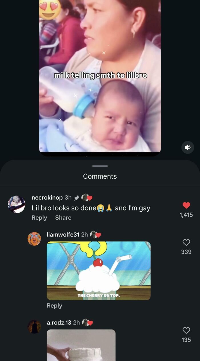 A video of a baby being fed milk, with unhinged comments about the baby's expression.
