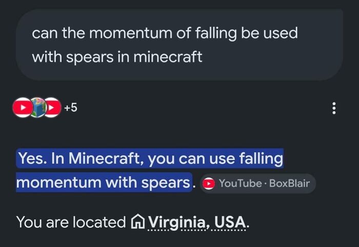 Screenshot of a Google search about Minecraft spear momentum, an unhinged thing people shared.