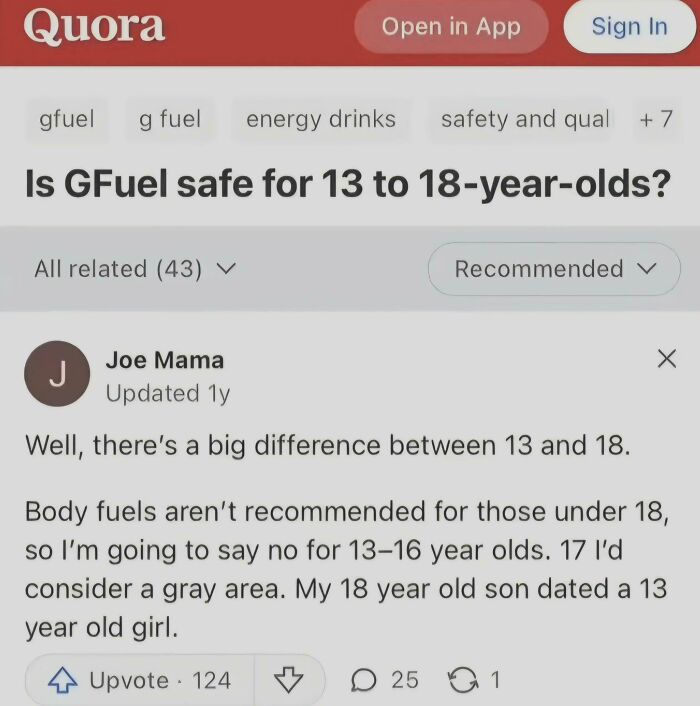 A Quora post with an unhinged answer from Joe Mama regarding the safety of GFuel for teenagers.