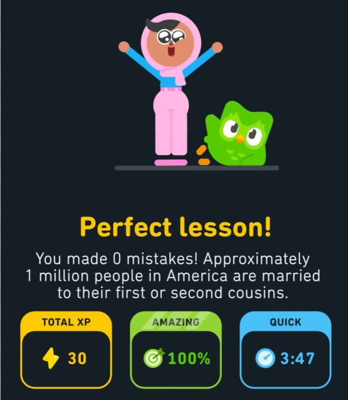 A Duolingo 'Perfect lesson' screen with an unhinged fact about marriage, shared by someone.