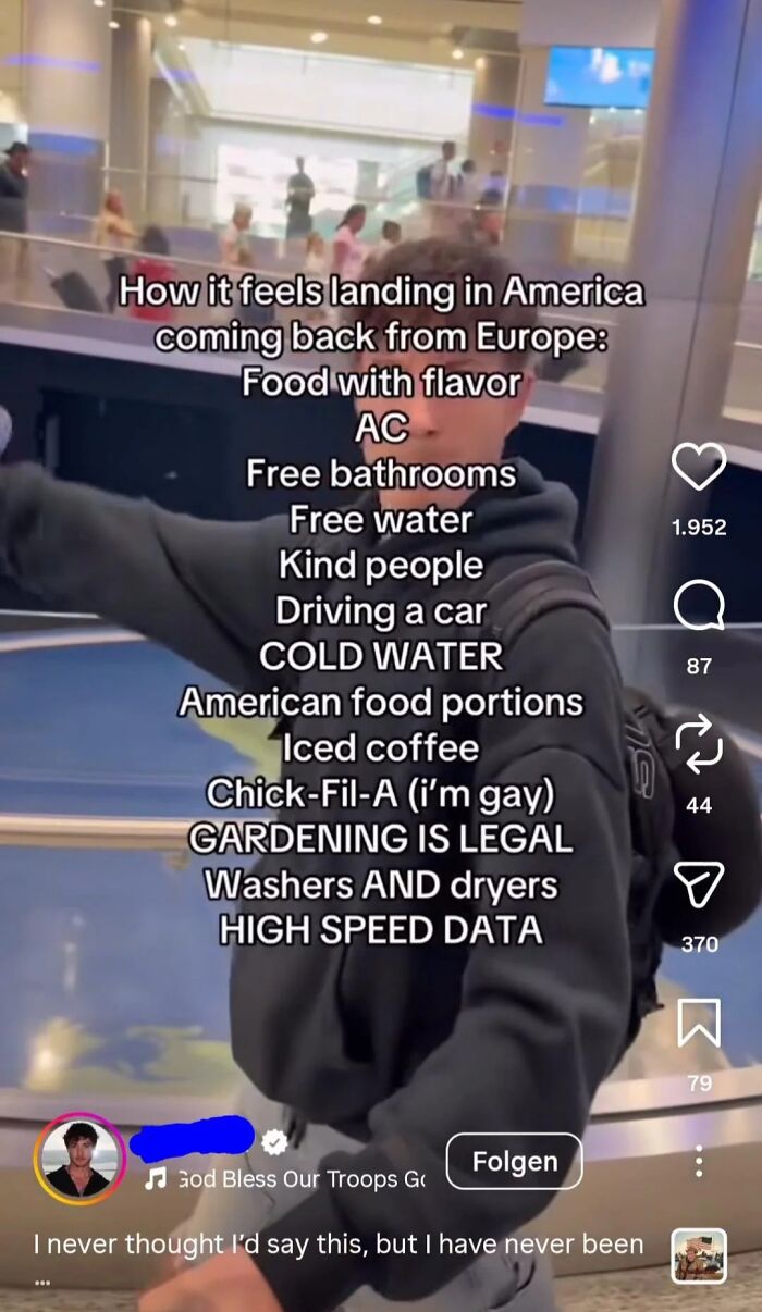 A screenshot of unhinged American experiences after returning from Europe, highlighting things like food with flavor and free bathrooms.