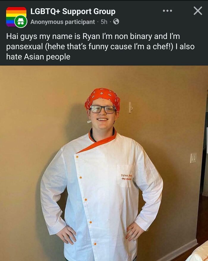 An unhinged post from an LGBTQ+ support group, where someone shares their identity and then expresses hatred.