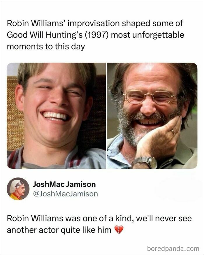 A split image shows young Matt Damon laughing alongside a bearded Robin Williams, both from iconic TV, movies, and media moments.