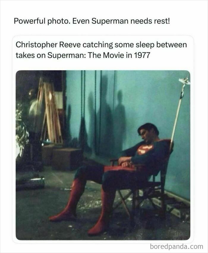 Christopher Reeve, as Superman, rests in his suit on set of the 1977 Superman movie, a moment of media behind-the-scenes.