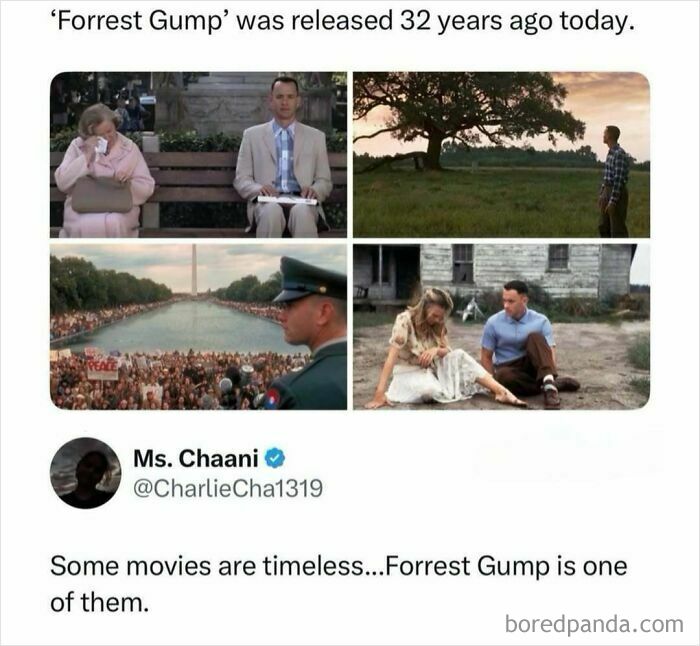 A four-panel collage depicting iconic scenes from the movie Forrest Gump, a timeless film. This is a cool post about TV, movies, and media.