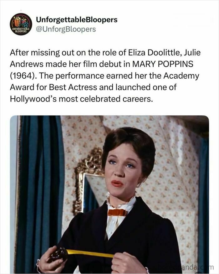 Movie post highlighting Julie Andrews' iconic debut in Mary Poppins, a film and media event.