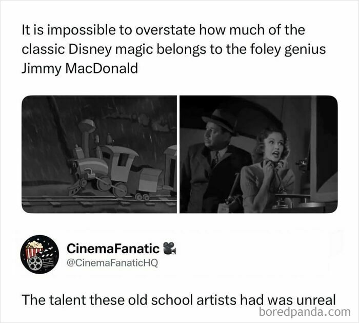 Black and white photo of a small train and a couple, showcasing classic Disney movie magic and media.