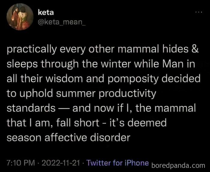 A funny meme about human productivity vs. other mammals hibernating, a science meme.