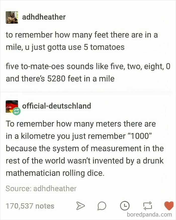 A funny meme comparing remembering feet in a mile vs. meters in a kilometer, a science meme.